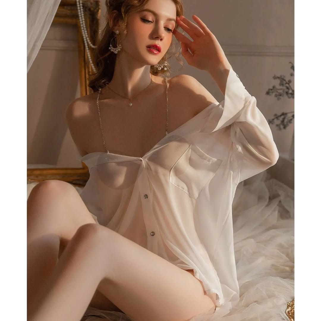 Luxurious Sheer White Button-Down Silk Sleepshirt